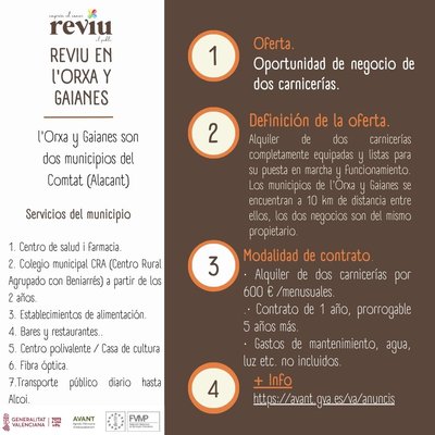 Alquiler de dos carnicer�as en las localidades de l'Orxa y Gaianes (Comarca Comtat) Alicante.